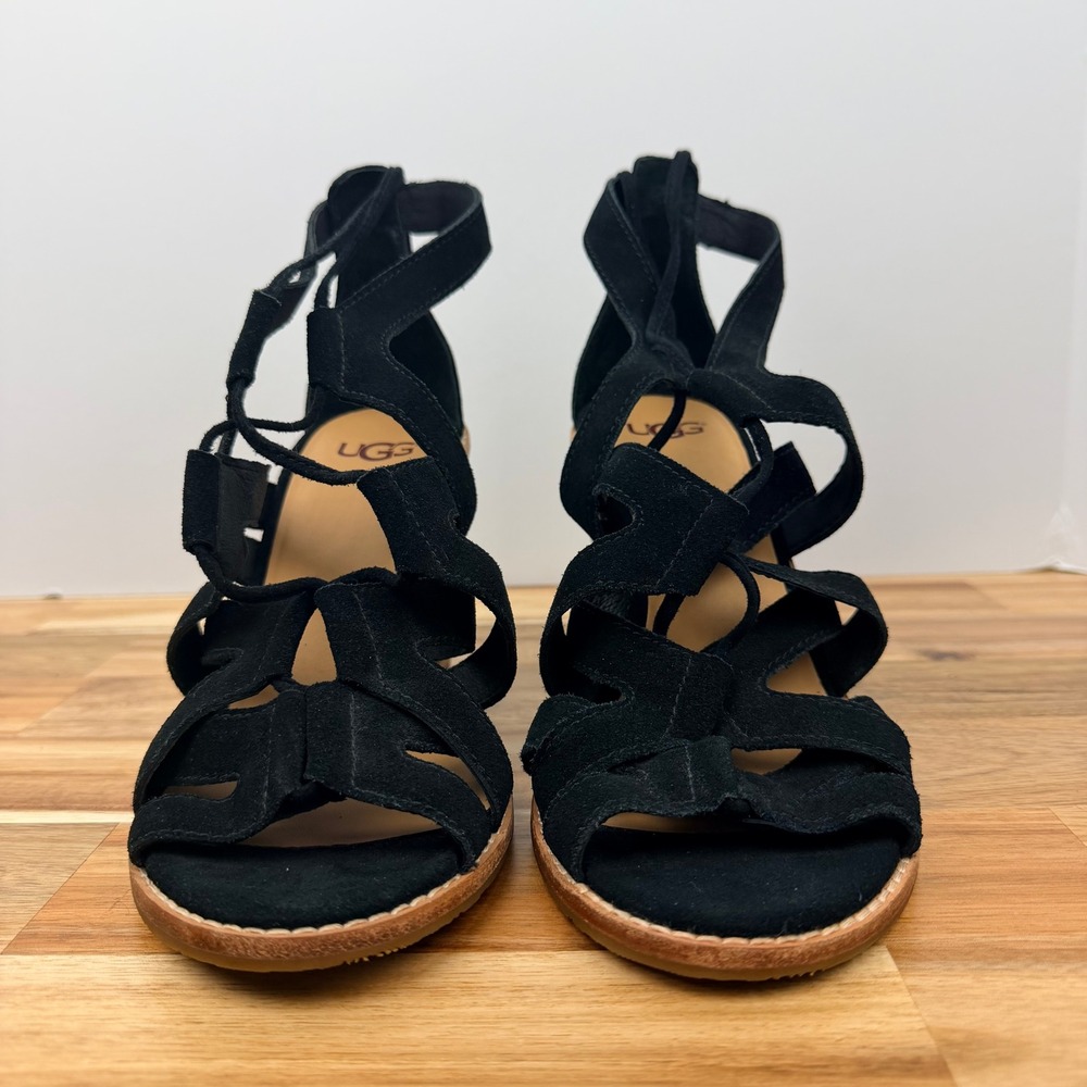 UGG HARRIS Black Suede Lace Up Gladiator Block Heel Sandals Women Size 9 - Picture 3 of 9